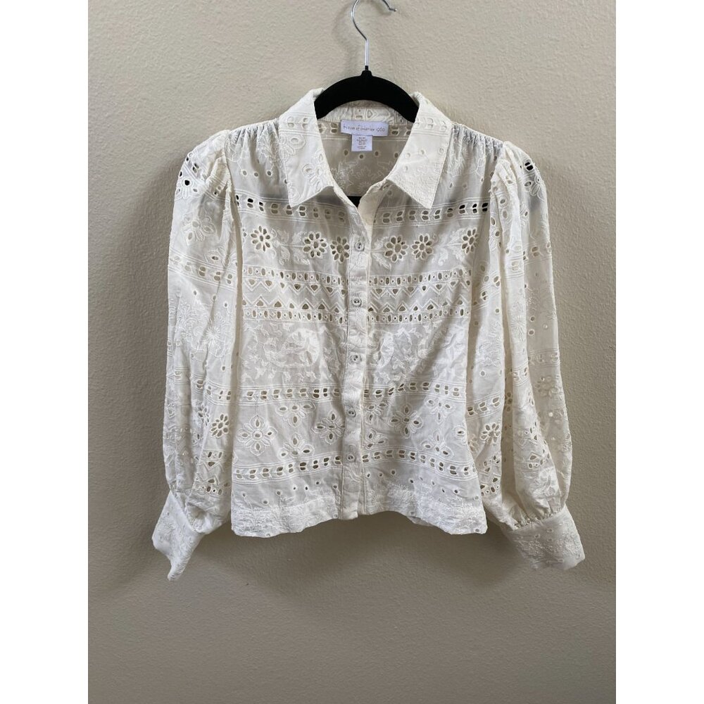 House Of Harlow 1960 Ivory Eyelet Button-Down Blouse Womens XS Cotton Embroidere